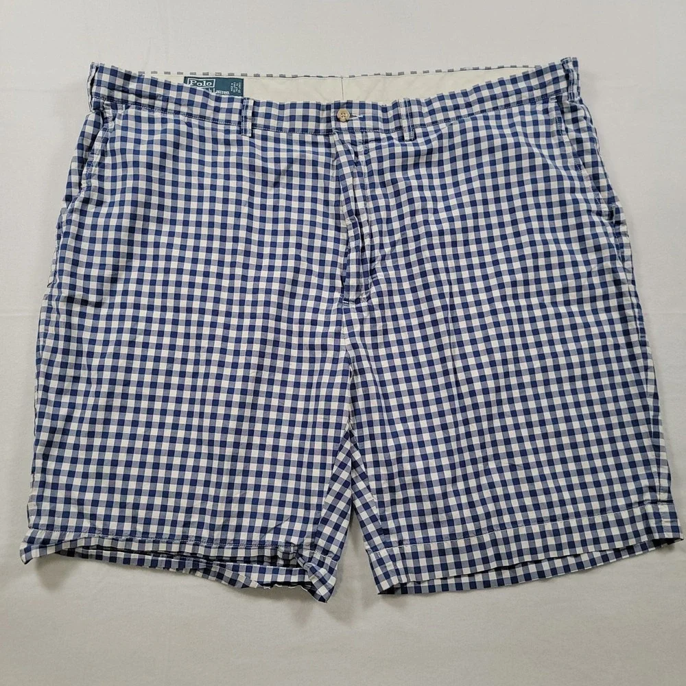 Polo Ralph Lauren Shorts Mens 46 Big Blue White Gingham Plaid‎ Cotton Classic